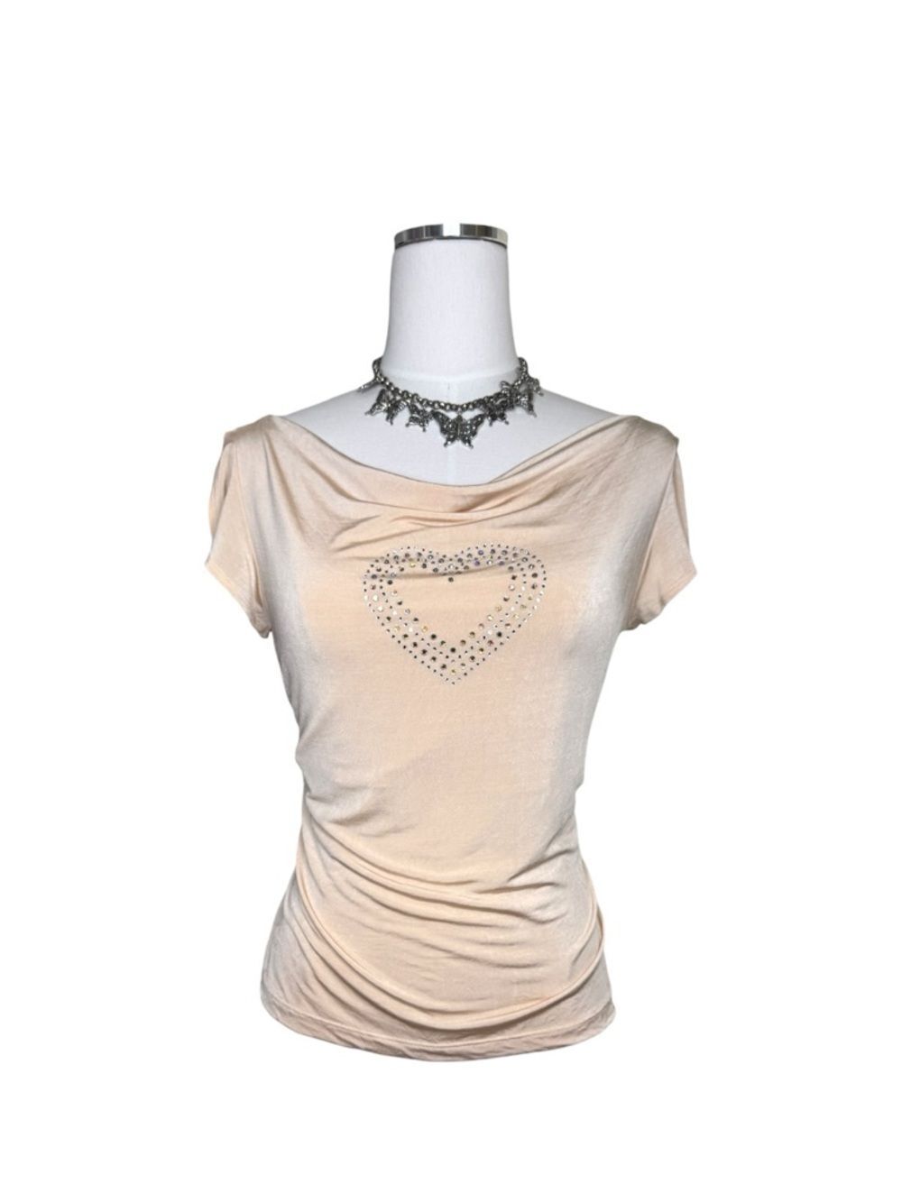 Y2K Bebe Nude Cap Sleeve Slinky Heart Rhinestone Top Size Large